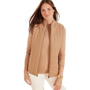 $189 Talbots Quilted Cable Knit Sweater Puffer Vest L Full Zip Neutral Tan Beige